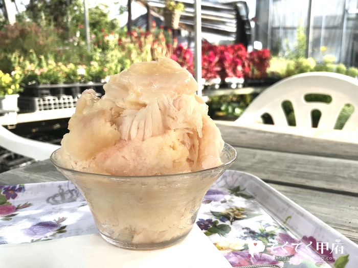 山梨県甲府市-土方洋蘭いちごカフェの桃果肉氷